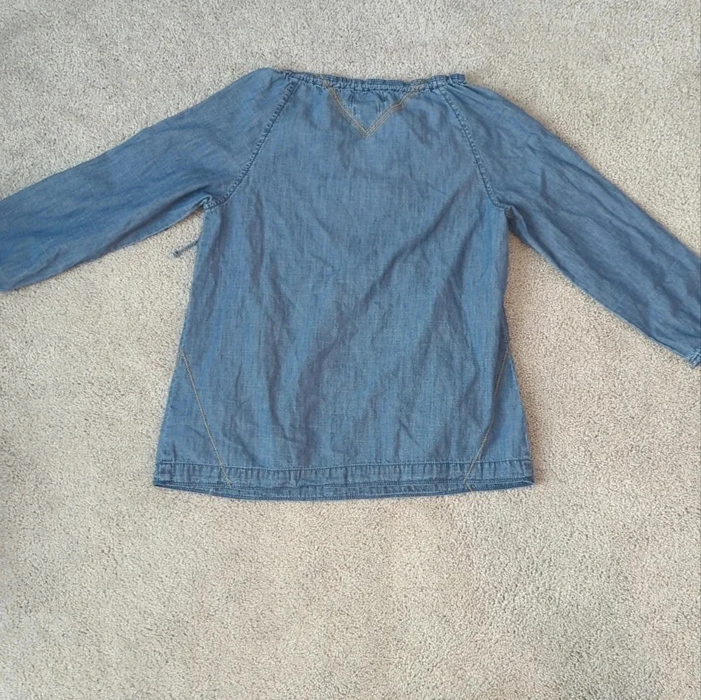 Madewell Blue Denim Chambray Embroidered Tie Neck Blouse Top Size S Boho - Picture 6 of 8